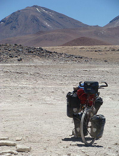 My bike in the deserted landscape of southwest Bolivia