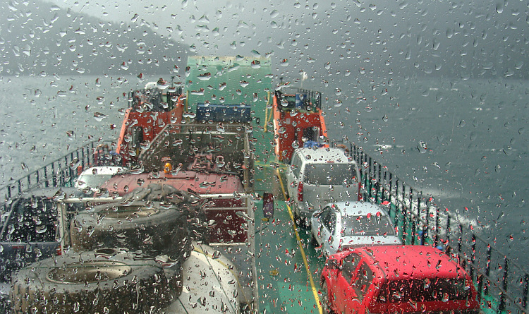 Rain shower on the ferry across the Lago Pirihueico