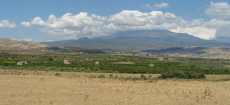 Sicilian landscape near Adrano with the Etna on the background