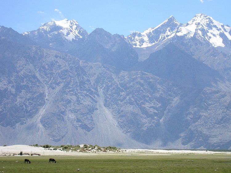 De Ladakh bergketen rijst drieduizen meter op boven de Nubra Vallei