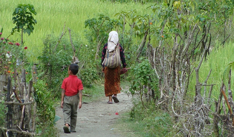 Vrouw en kind in de rijstvelden bij Ngadi
