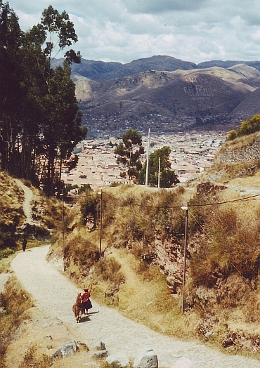 Vrouw met lama bij Cuzco
